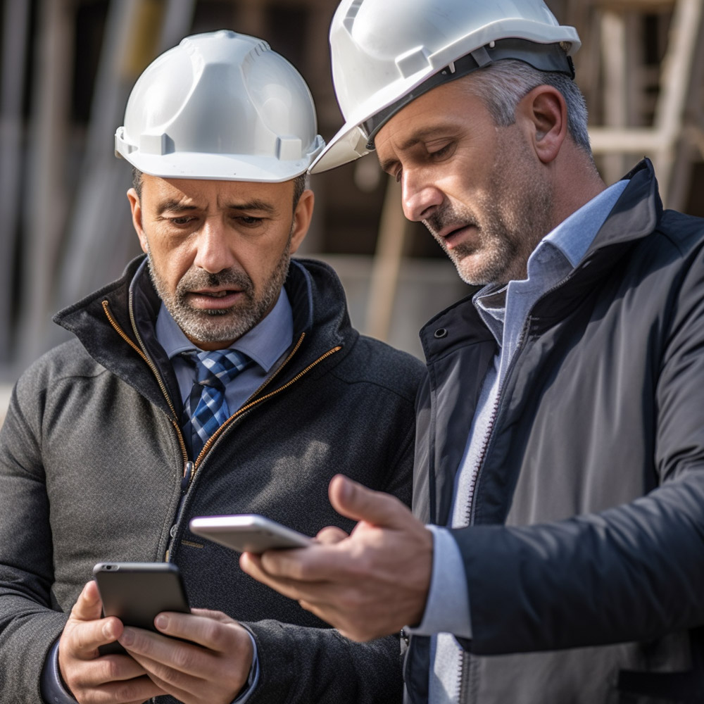 Deux personnes sur un chantier, portant un casque, regardant leur téléphone