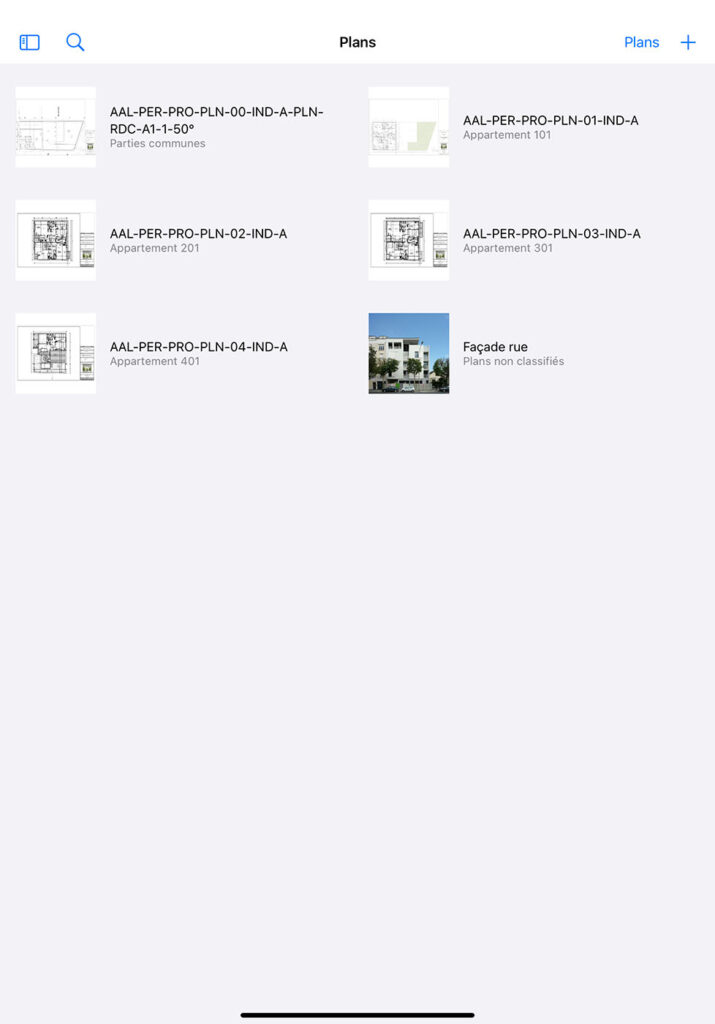 Liste des plans Archipad sur iPad