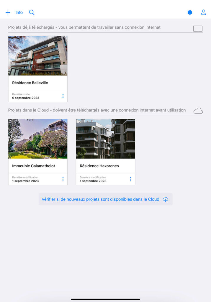Interface d'accueil avec tous les projets crées sur Archipad via un iPad