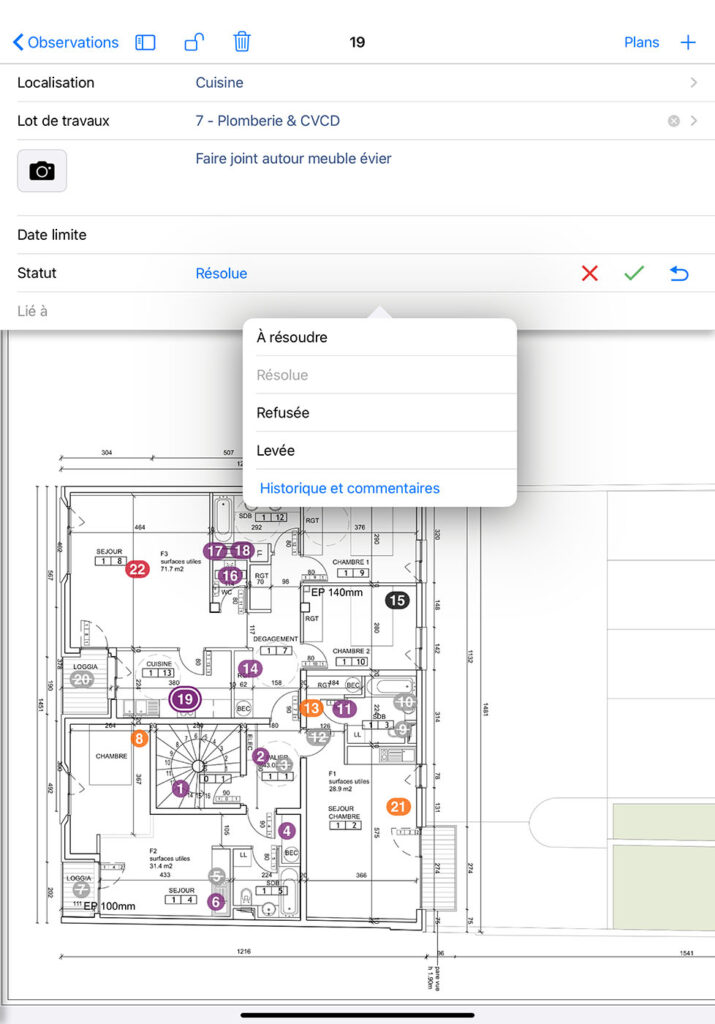 Interface Plan de l'application de suivi de chantier Archipad avec le statut des observations